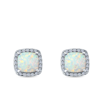 Halo Princess Cut Stud Earrings Lab Created White Opal Simulated CZ 925 Sterling Silver